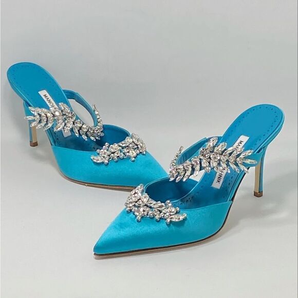 Manolo Blahnik Lurum 90 Embellished Satin Mules size 37 - Picture 3 of 13